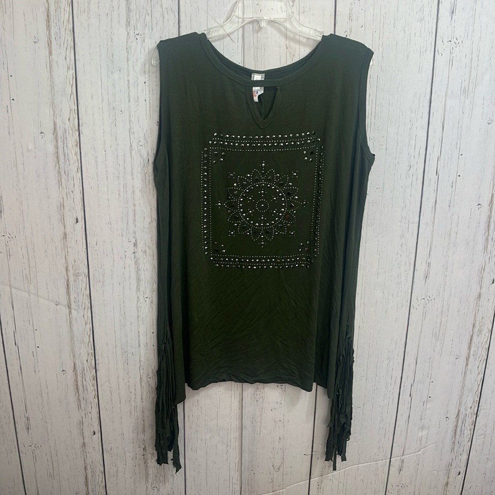 Liberty Wear Green Sleeveless Fringed Hem Sleeveless T-Shirt Size 3X